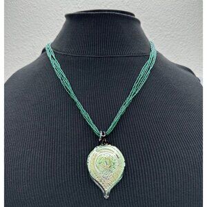 Murano Large Leaf Shape Glass Pendant Necklace Green Glass Seed Beads Artsy
